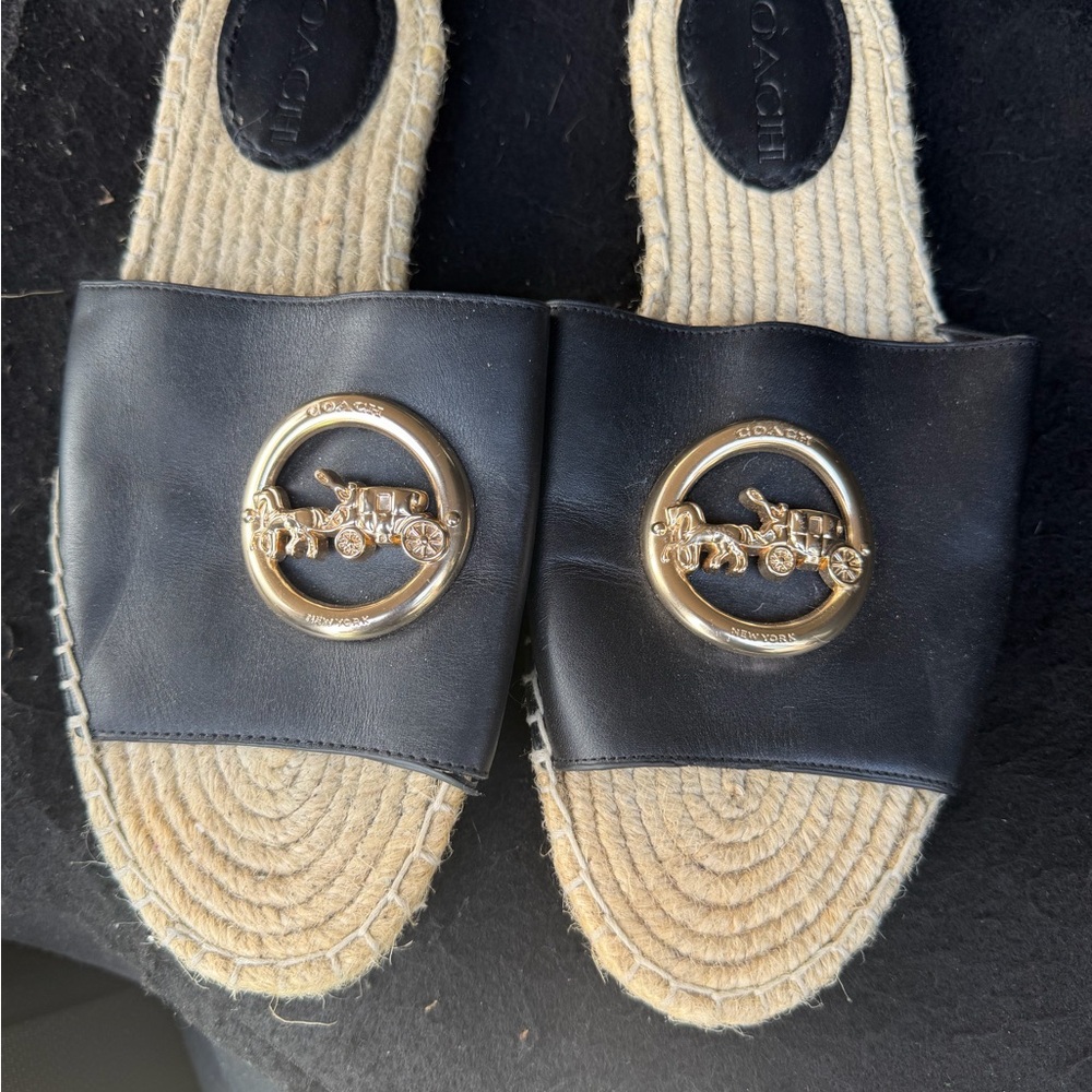 Coach Black Leather Slide Sandals with Gold Horse & Carriage Medallion
